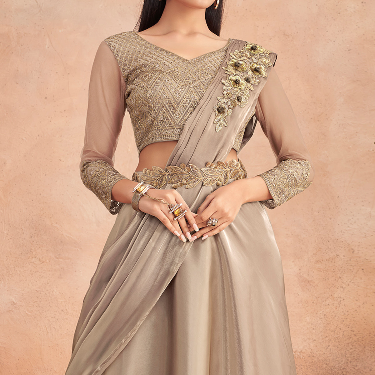 Beige Sequins Embroidered Ready to Wear Art Silk Saree