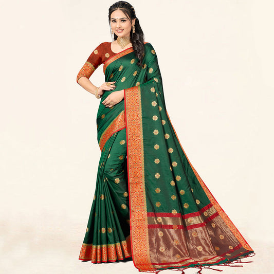 Dark Green Woven Art Silk Saree With Tassels