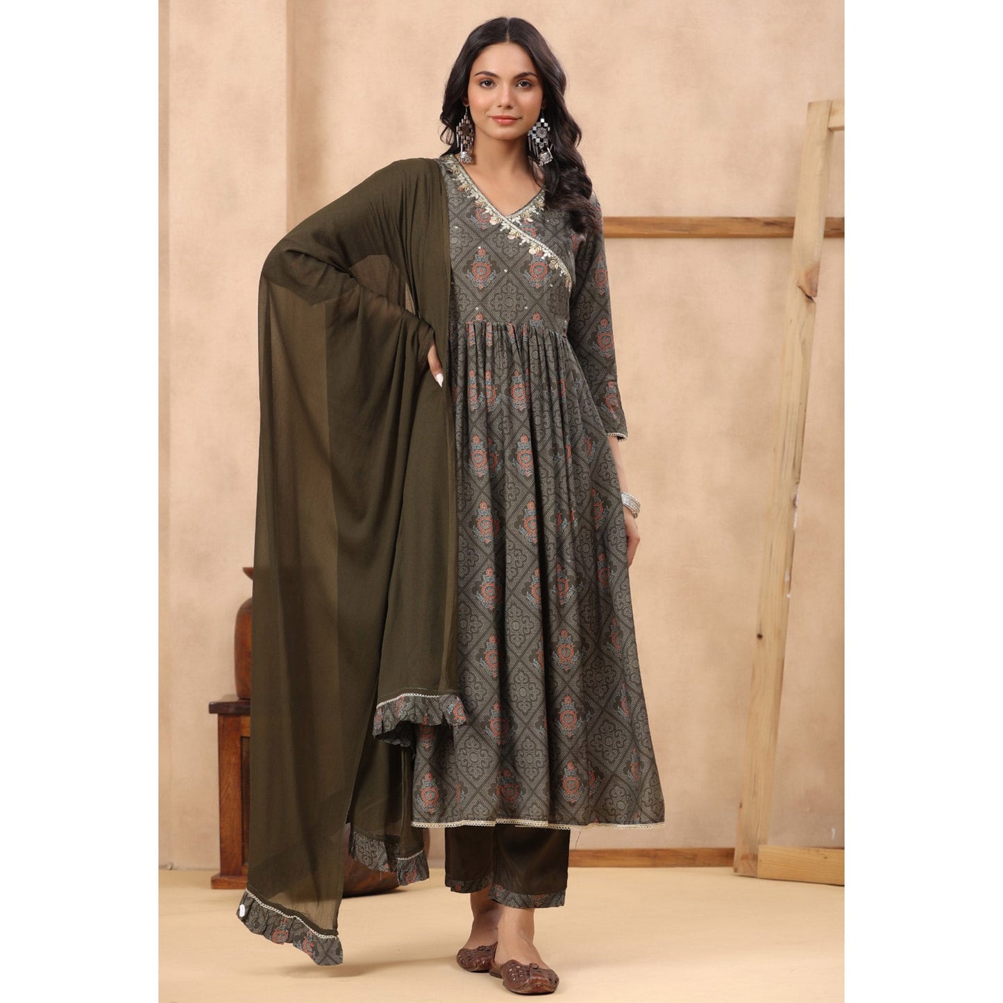 Grey Jaipuri Printed With Sequins Work Muslin Anarkali Suit