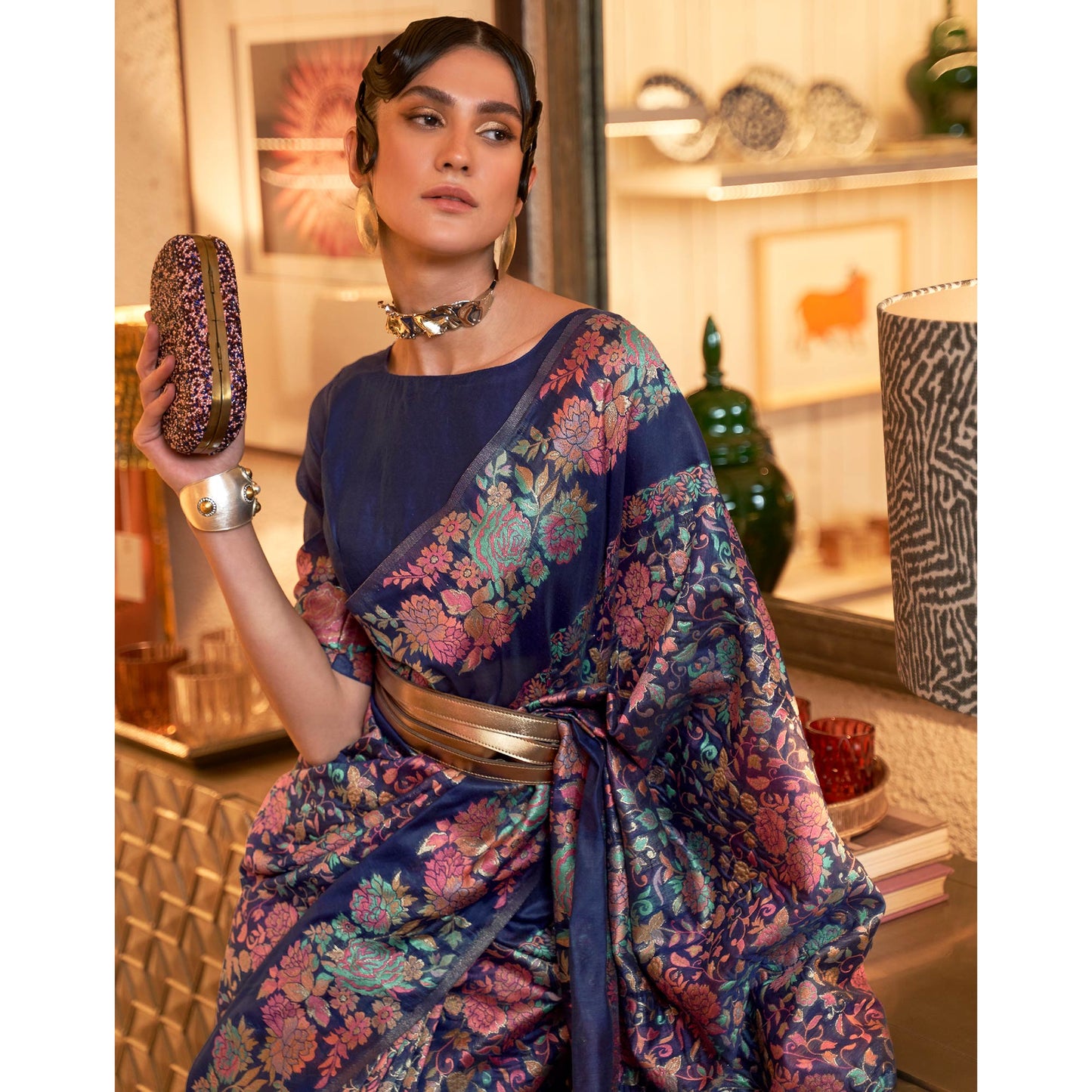 Navy Blue Floral Woven Art Silk Saree