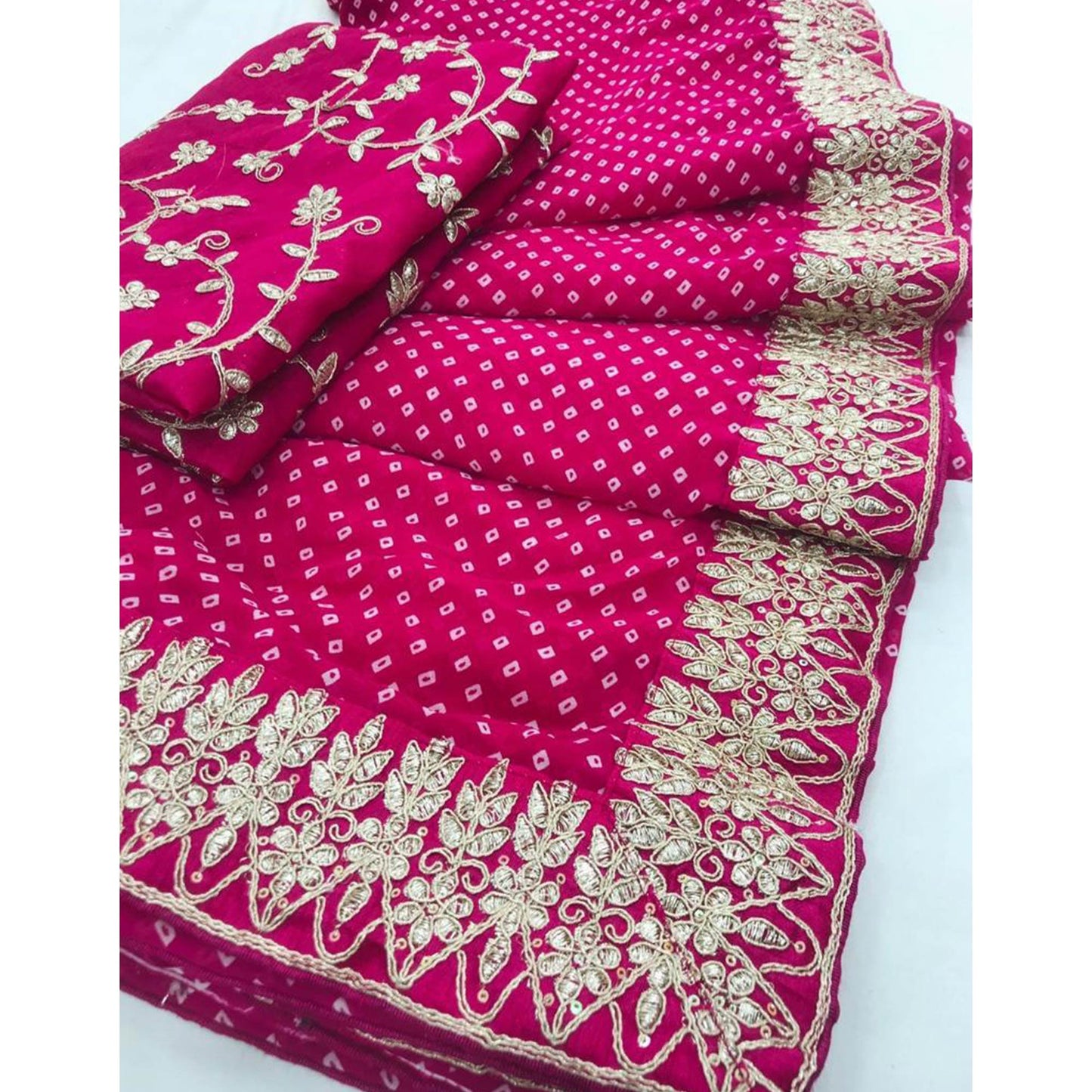 Rani Pink Bandhani Printed With Embroidered Border Georgette Saree