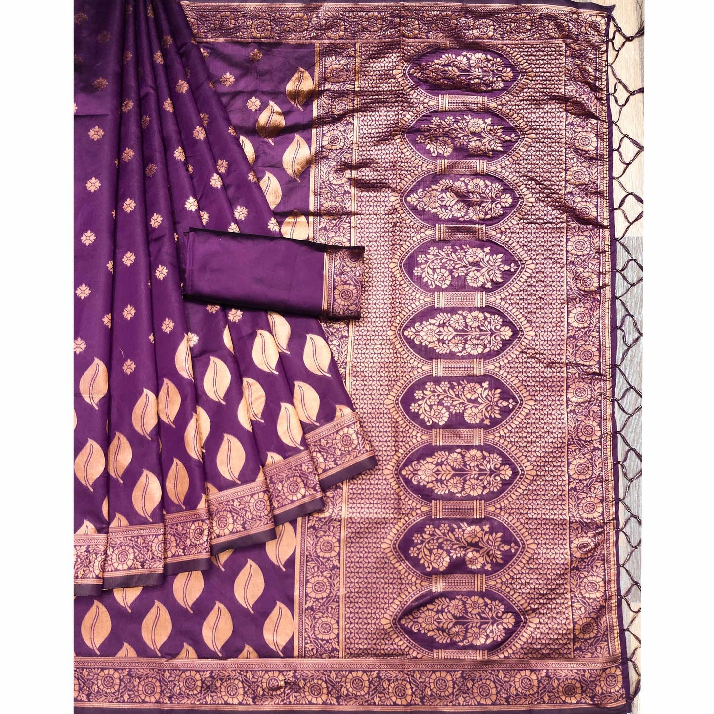 Purple Woven Art Silk Saree With Tassels