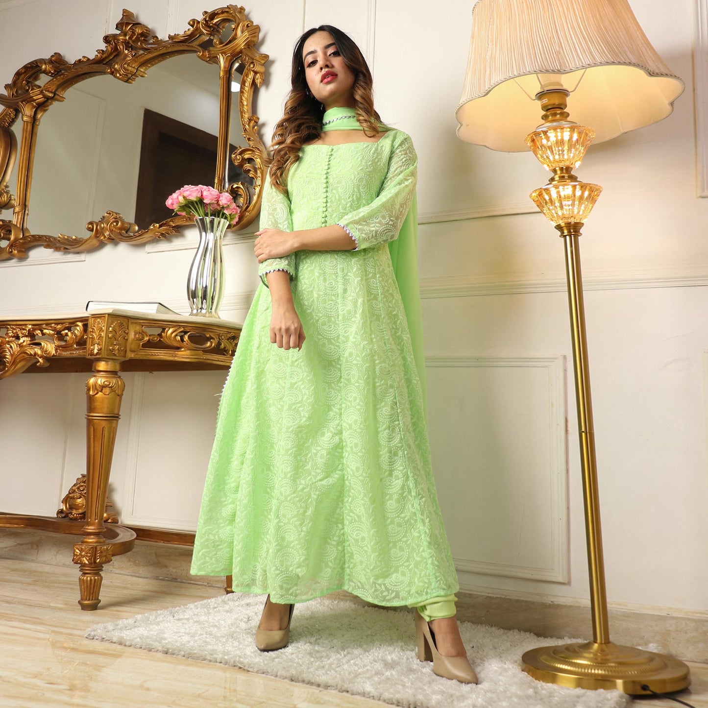 Pista Green Chikankari Work Georgette Anarkali Suit