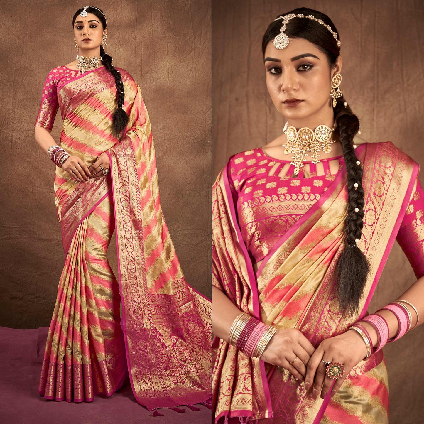 Pink & Chikoo Woven Art Silk Saree