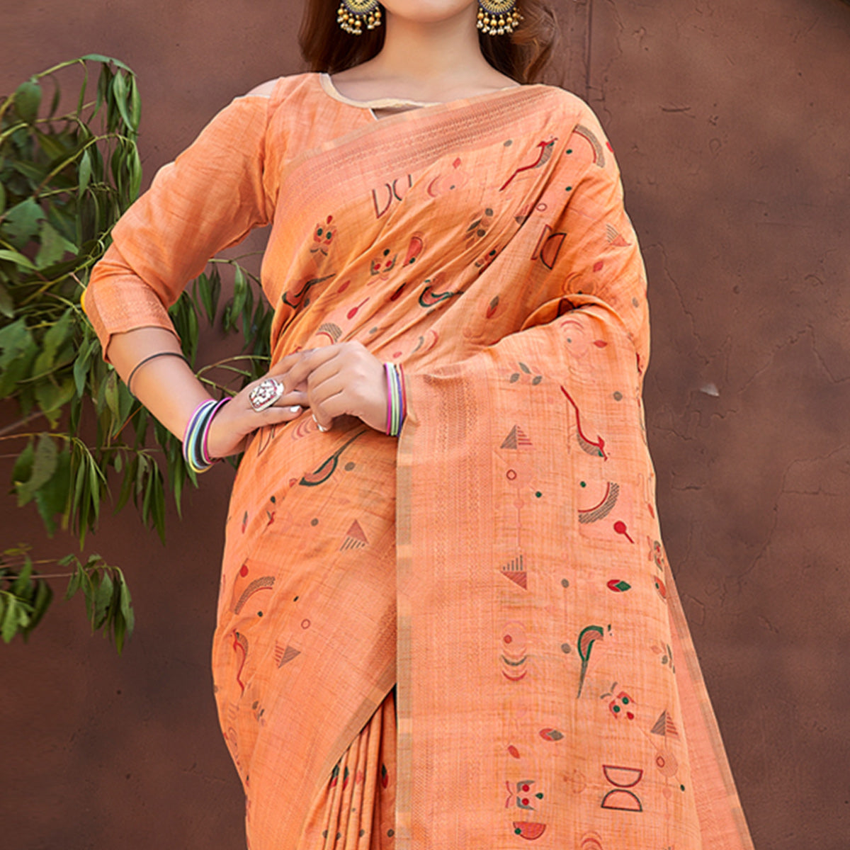 Peach Woven Art Silk Saree With Tassels