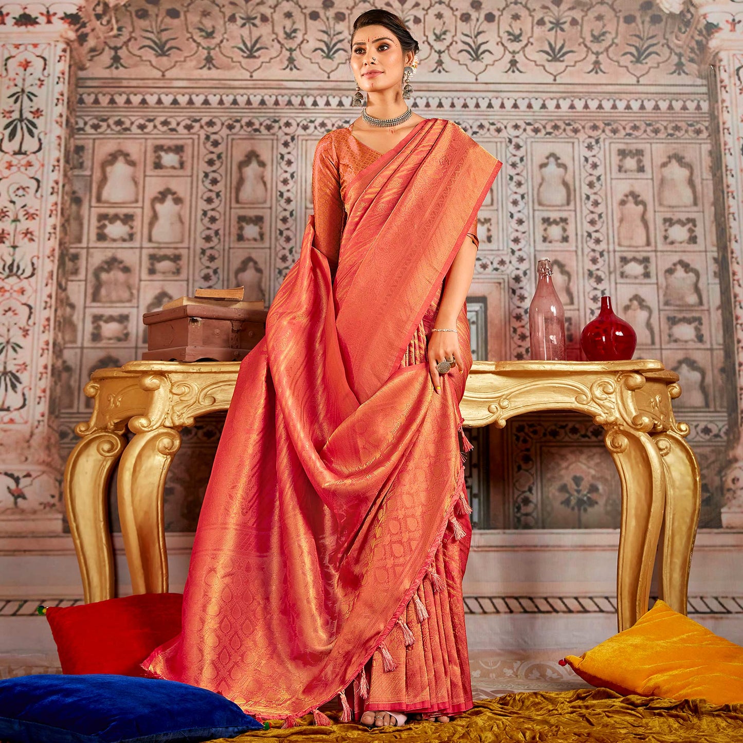 Peach Floral Woven Art Silk Saree