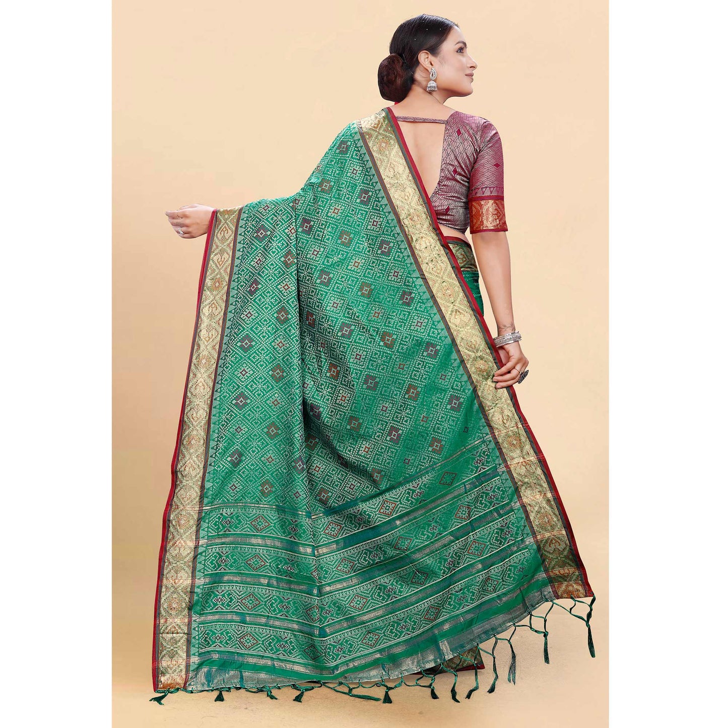 Green Woven Patola Art Silk Saree With Tassels