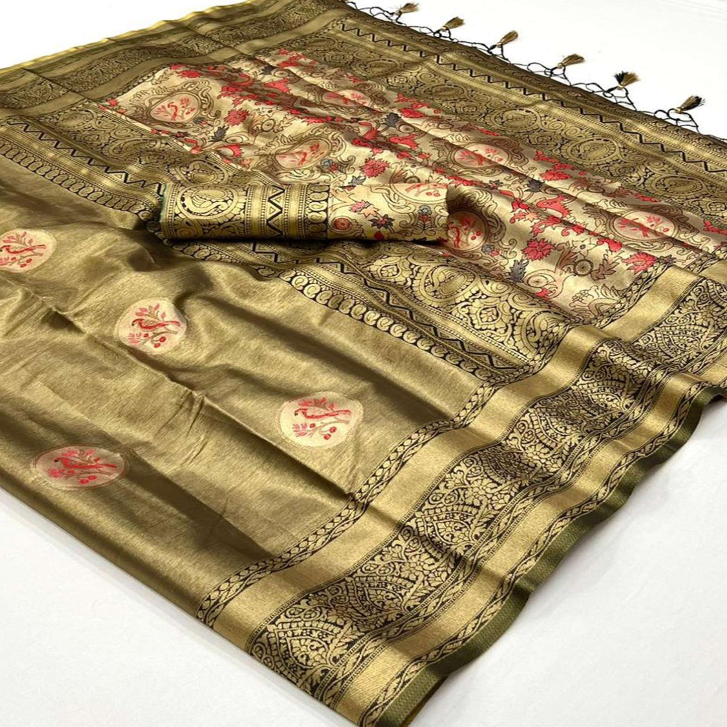 Brown Woven Art Silk Saree With Tassels