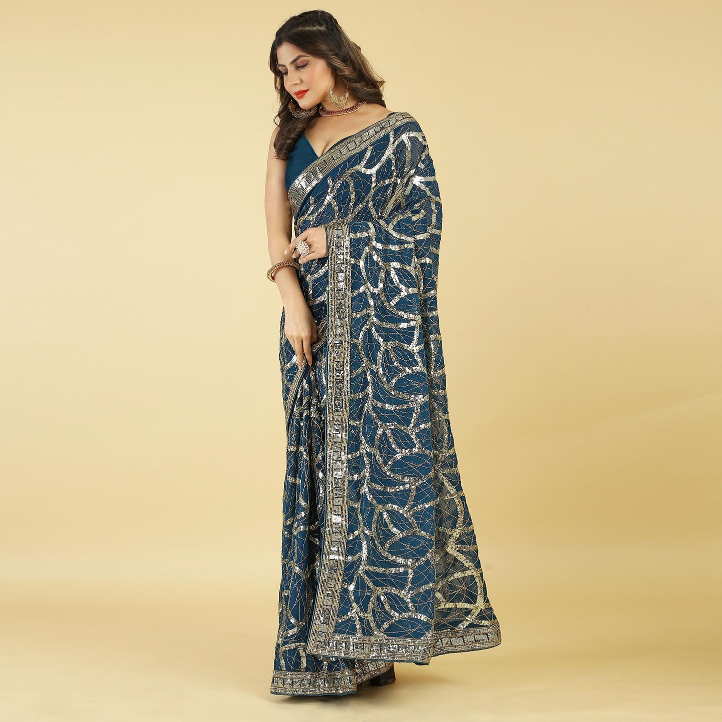 Morpich Sequins Work Georgette Saree