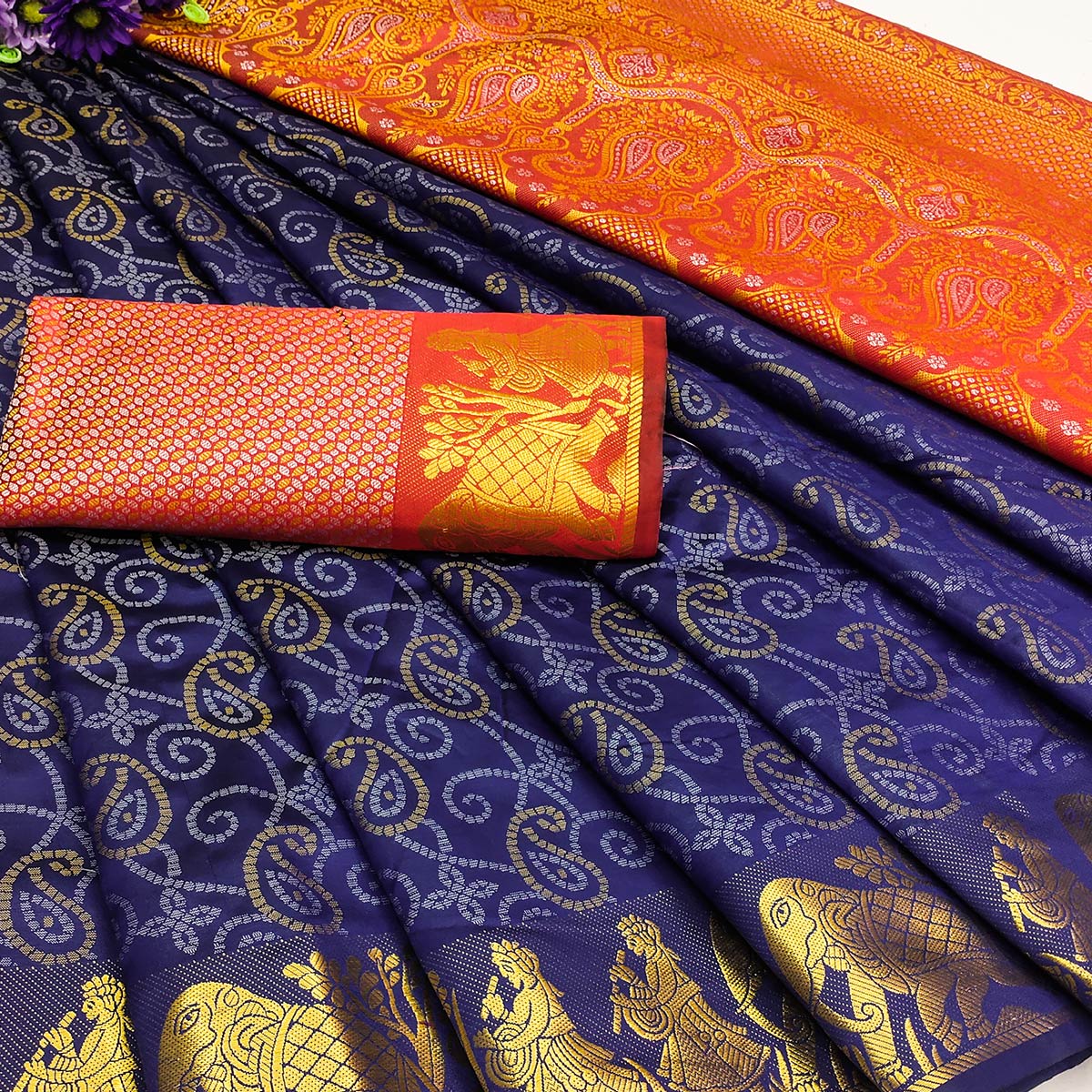 Navy Blue Bandhani Woven Banarasi Silk Saree