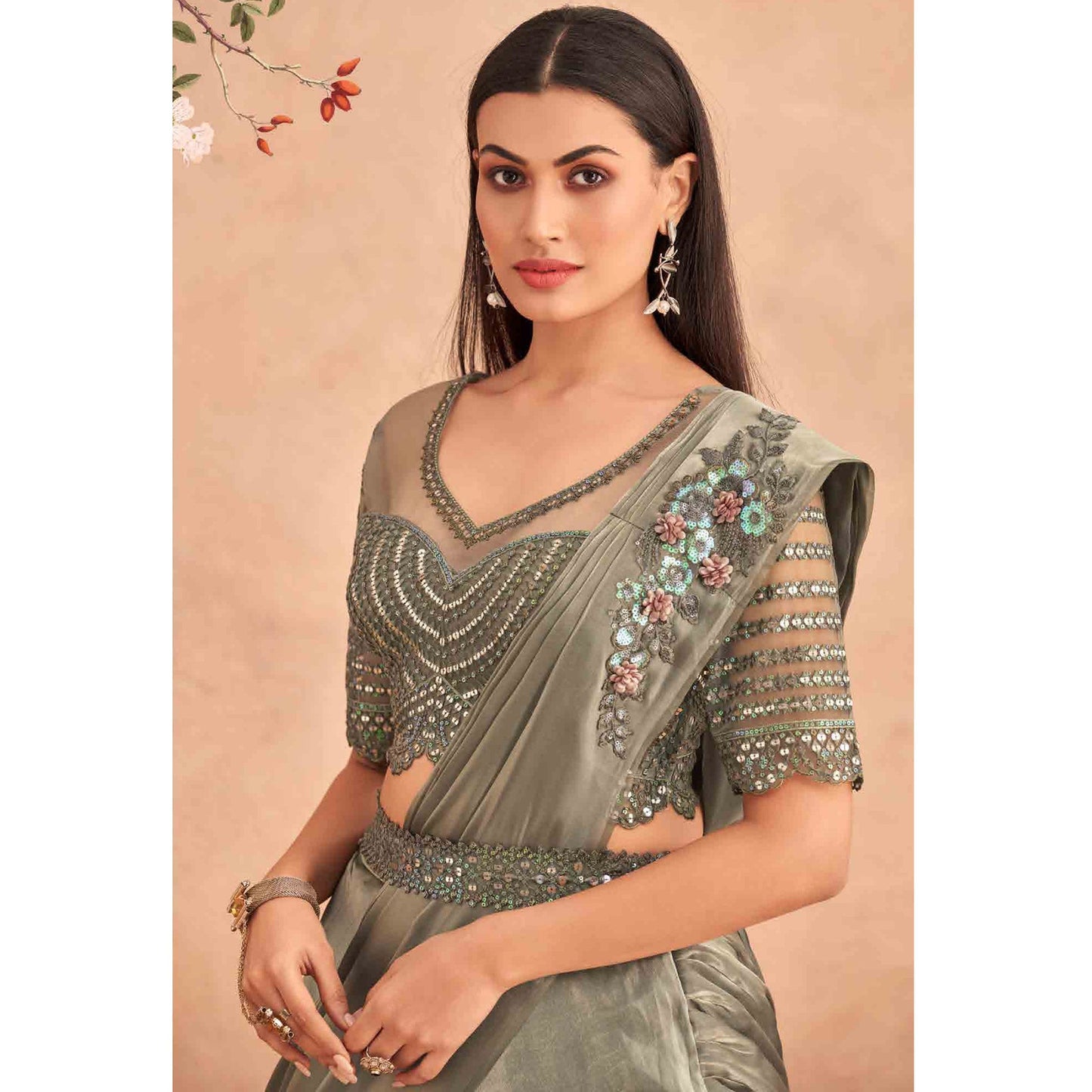 Grey Sequins Embroidered Ready to Wear Art Silk Saree