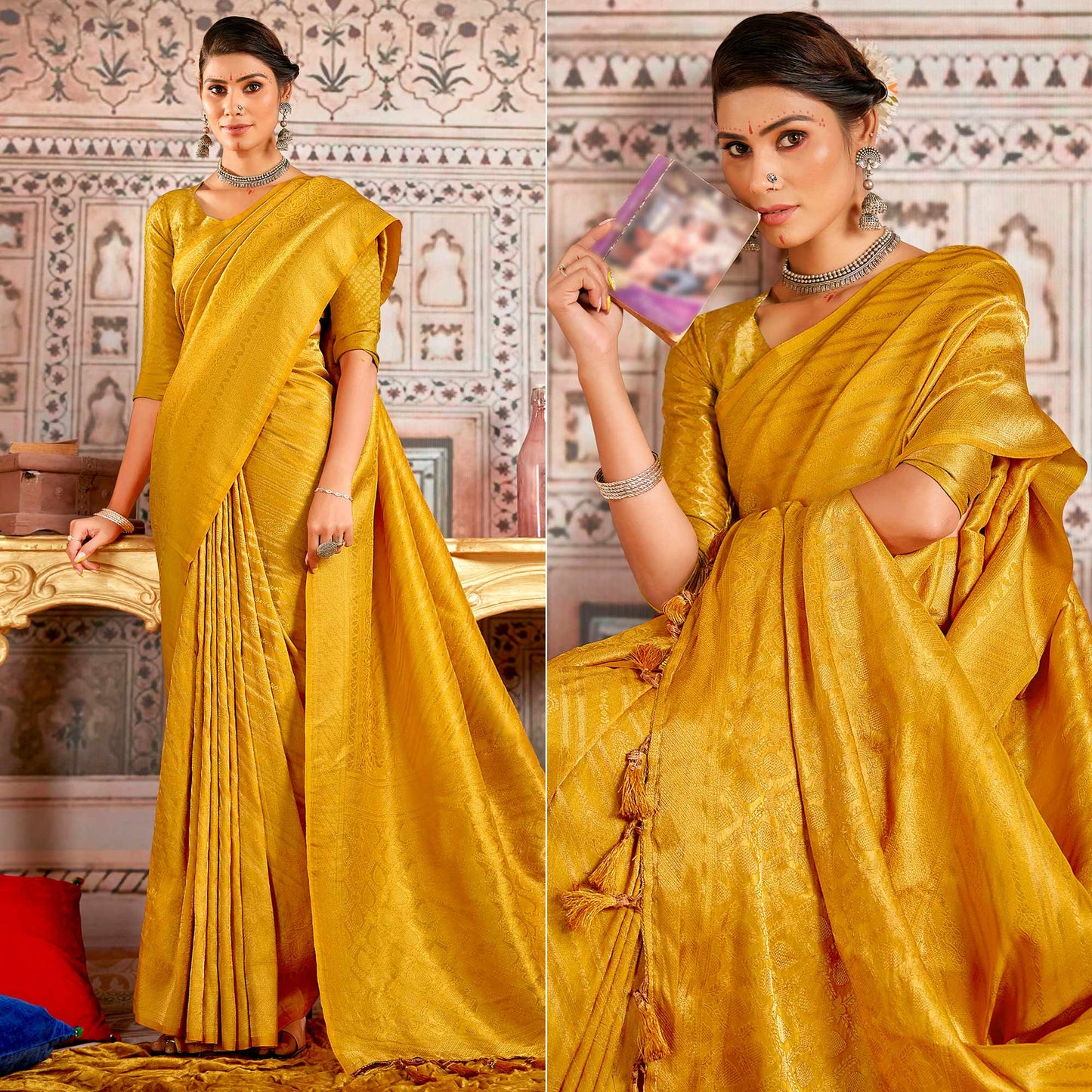 Mustard Floral Woven Art Silk Saree