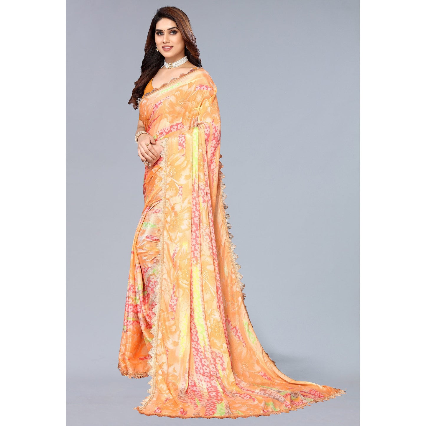 Orange Floral Printed Art Silk Saree With Crochet Border