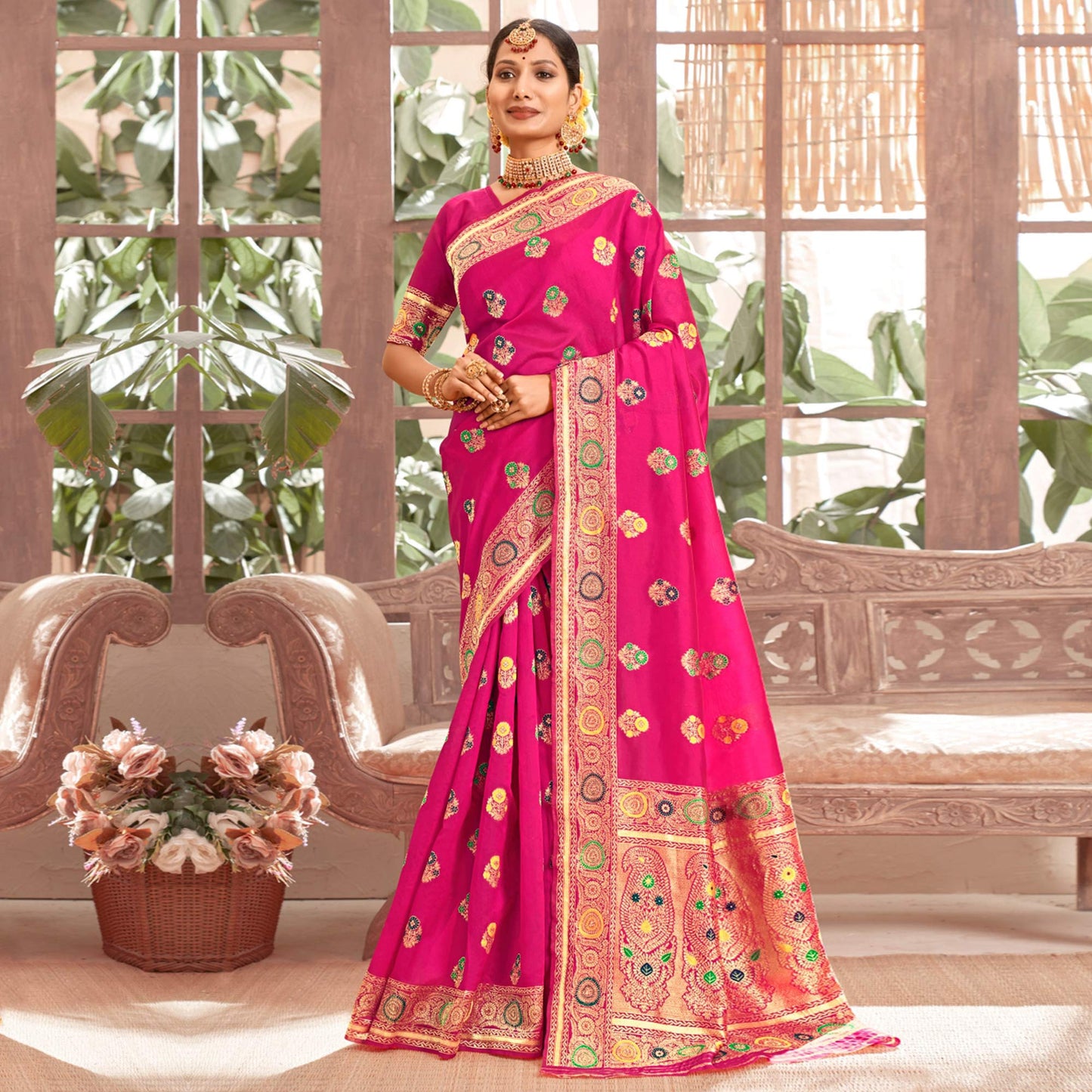 Rani Pink Woven Art Silk Saree