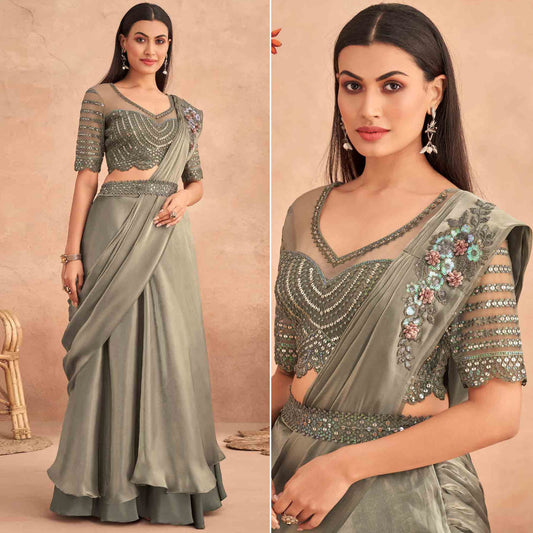 Grey Sequins Embroidered Ready to Wear Art Silk Saree