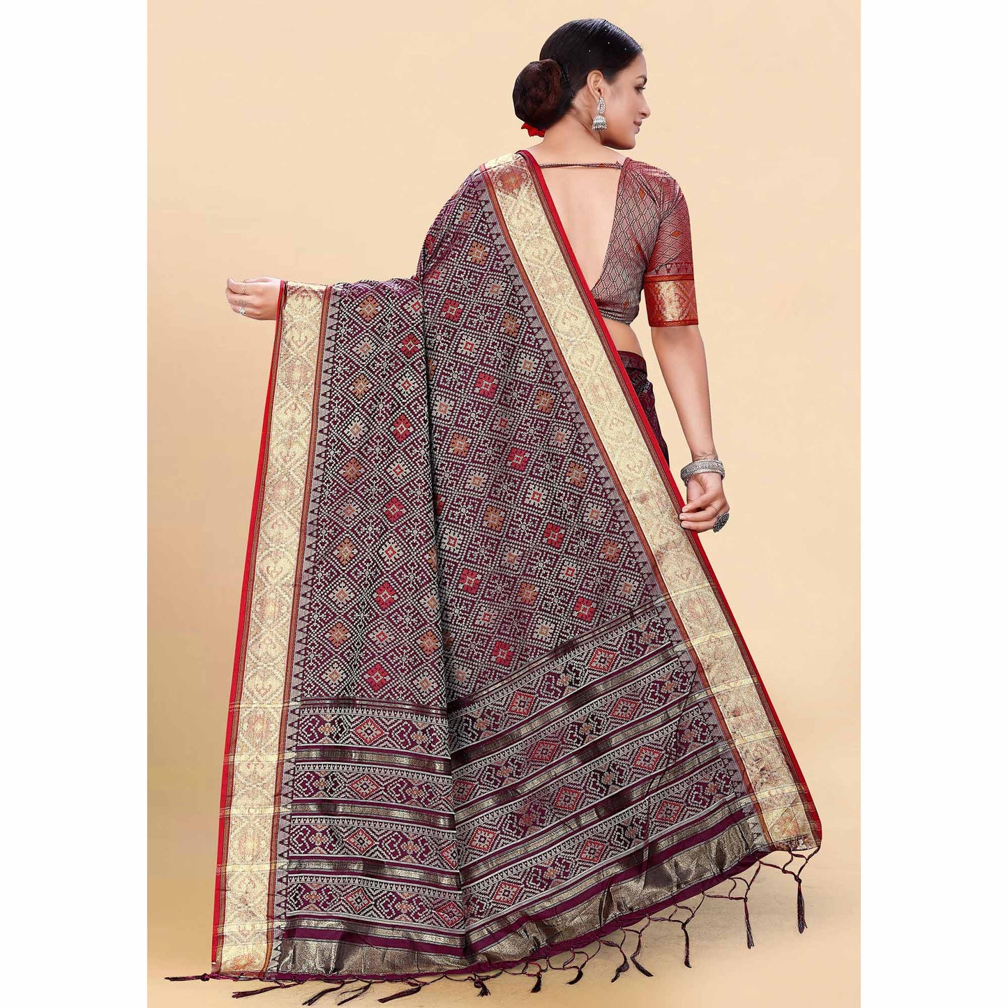 Wine Woven Patola Art Silk Saree With Tassels