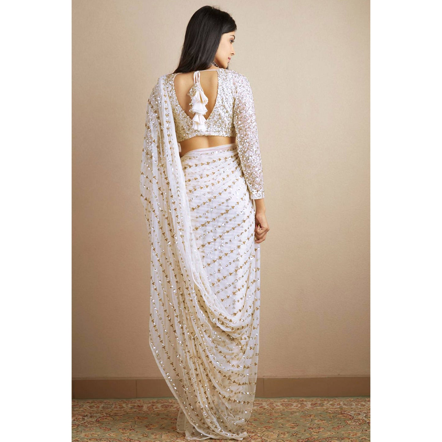 White Sequins Embroidered Georgette Saree