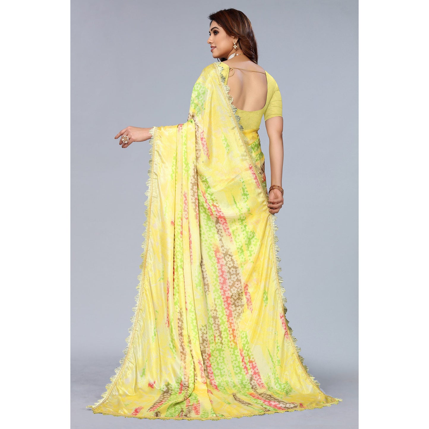 Yellow Floral Printed Art Silk Saree With Crochet Border