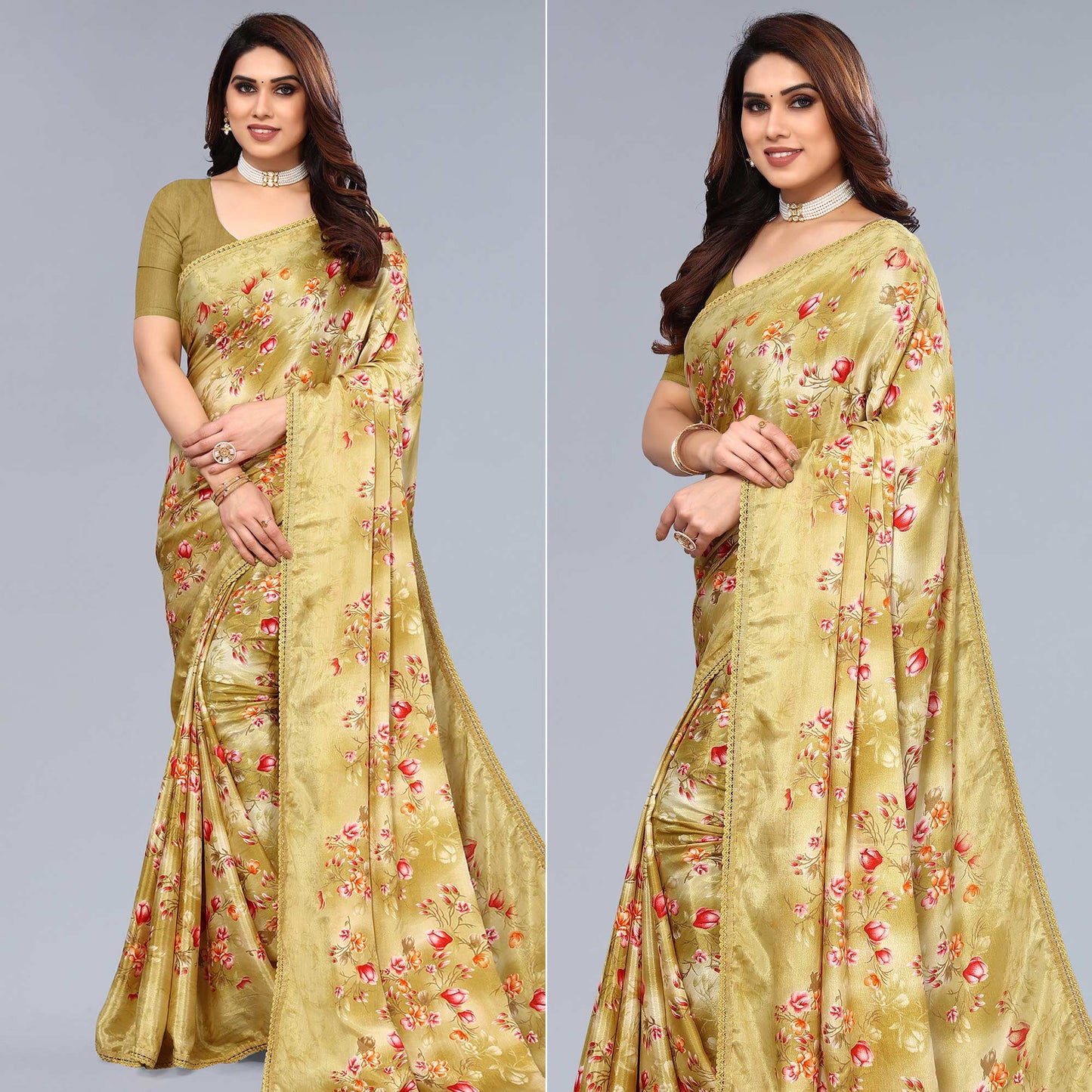 Mustard Floral Printed Art Silk Saree With Crochet Border