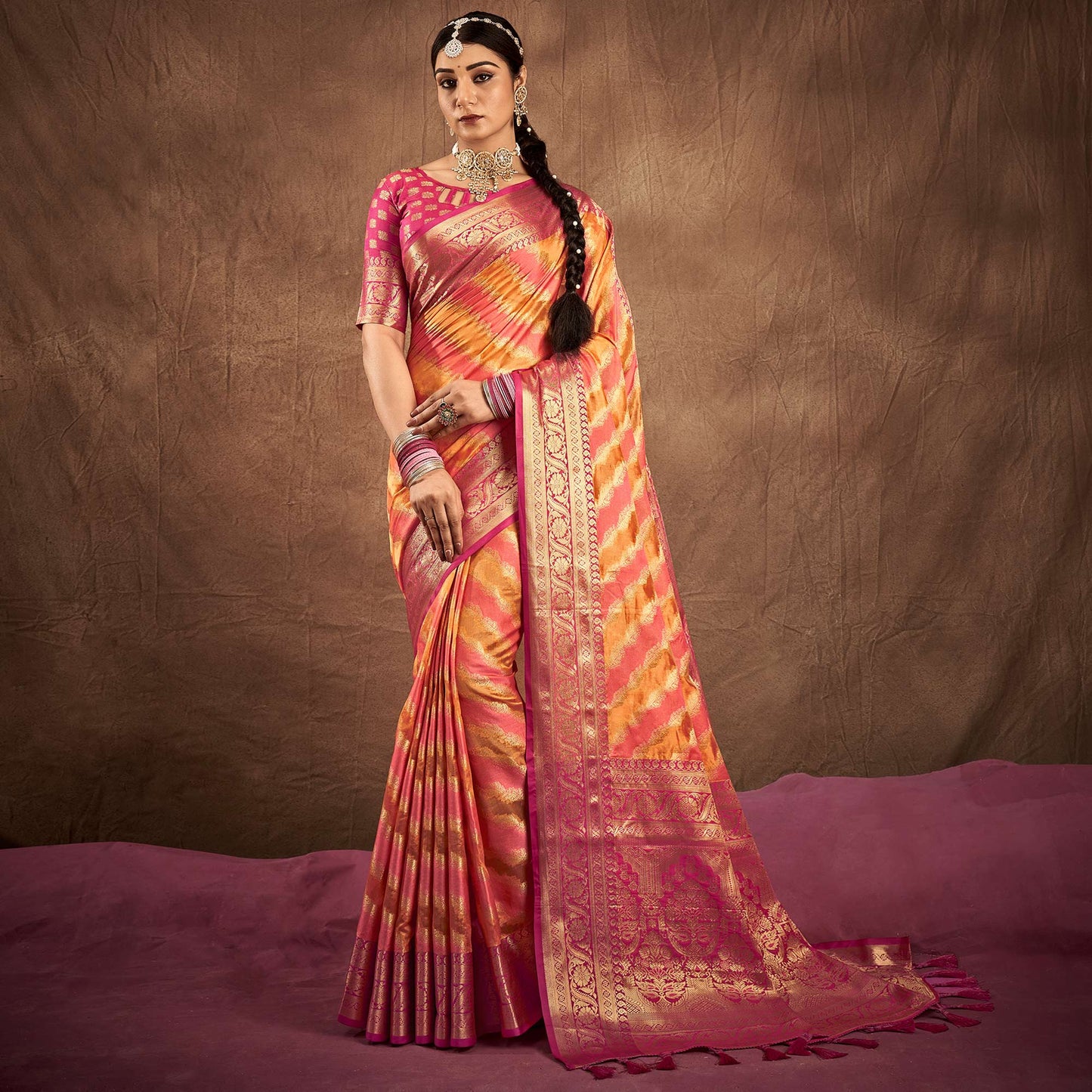 Orange & Pink Woven Art Silk Saree