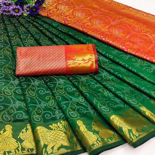 Bottle Green Bandhani Woven Banarasi Silk Saree