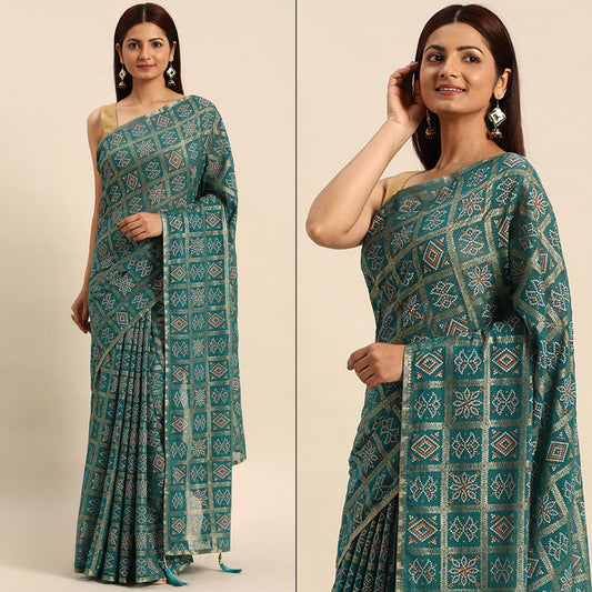 Turquoise Green Bandhani Foil Printed Zomato Saree With Tassels