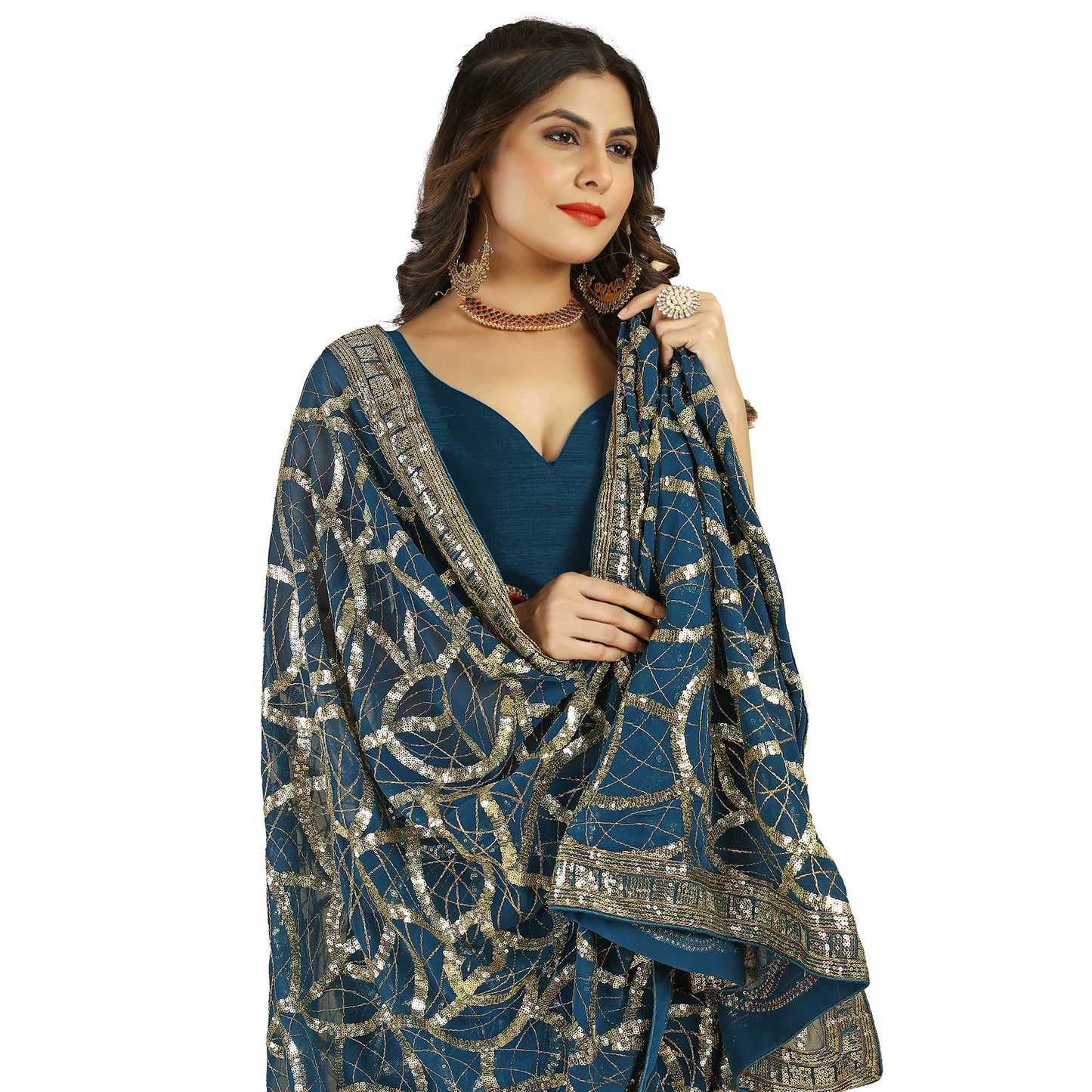 Morpich Sequins Work Georgette Saree