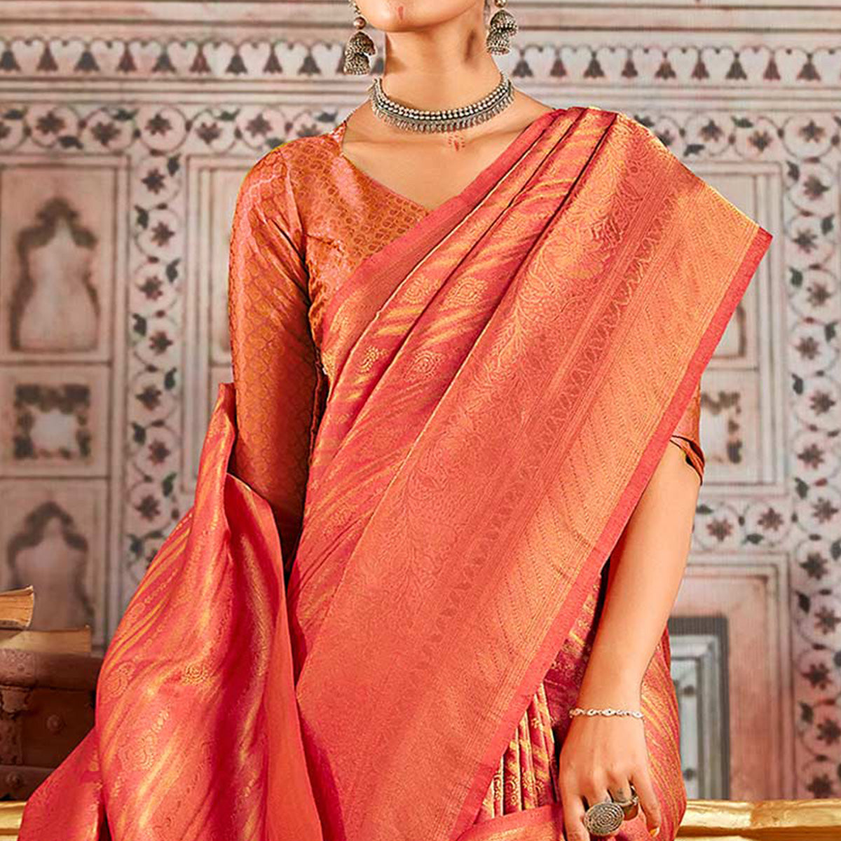 Peach Floral Woven Art Silk Saree