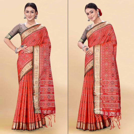 Red Woven Patola Art Silk Saree With Tassels