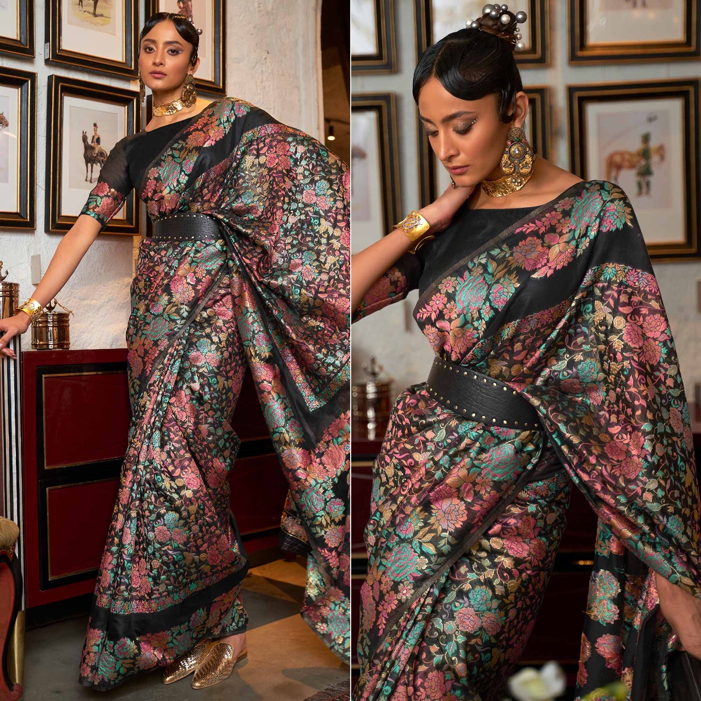 Black Floral Woven Art Silk Saree