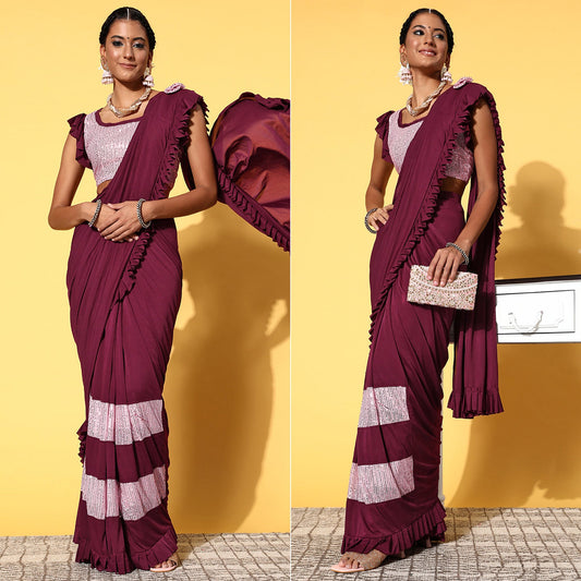 Wine Sequins Embroidered Art Silk Saree