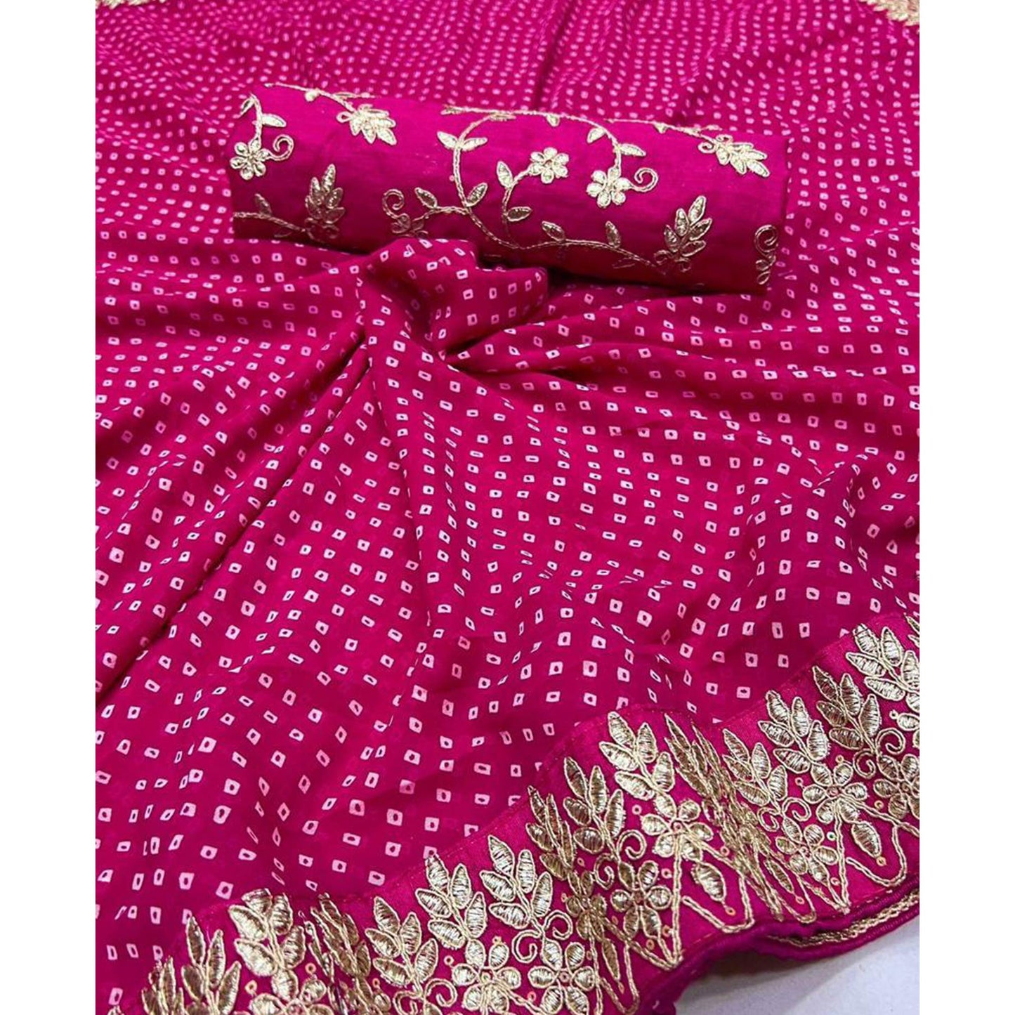 Rani Pink Bandhani Printed With Embroidered Border Georgette Saree