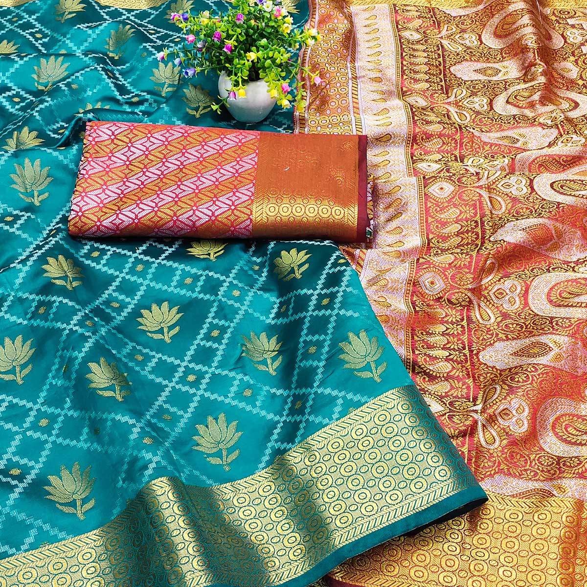 Rama Blue Floral Woven Banarasi Silk Saree