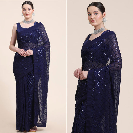 Blue Sequins Embroidered Georgette Saree