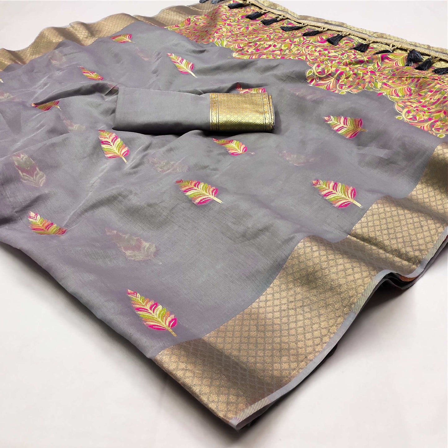 Grey Woven Art Silk Saree With Tassels