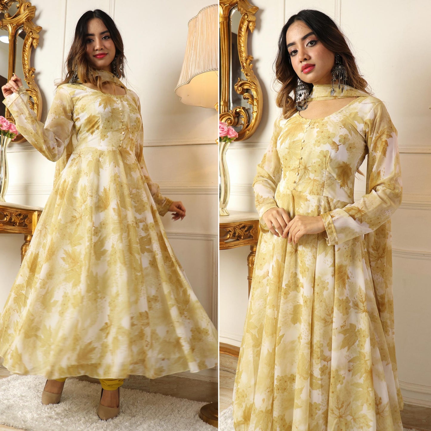 Light Yellow Floral Printed Georgette Anarkali Suit