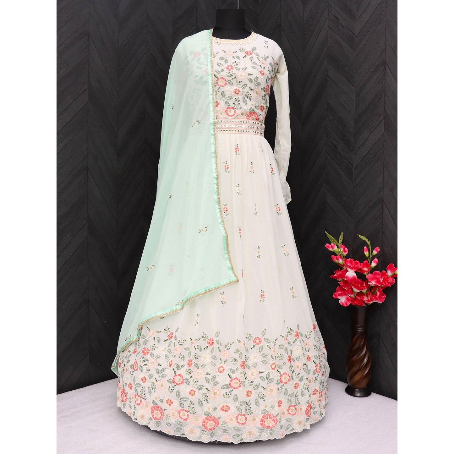 Off White Sequins Floral Embroidered Georgette Semi Stitched Anarkali Suit