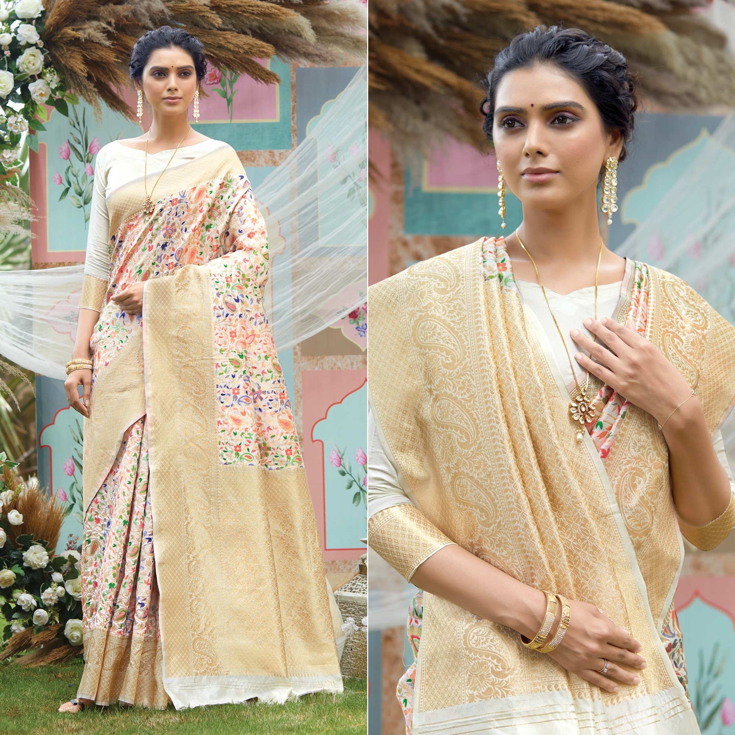 Cream Woven Art Silk Saree