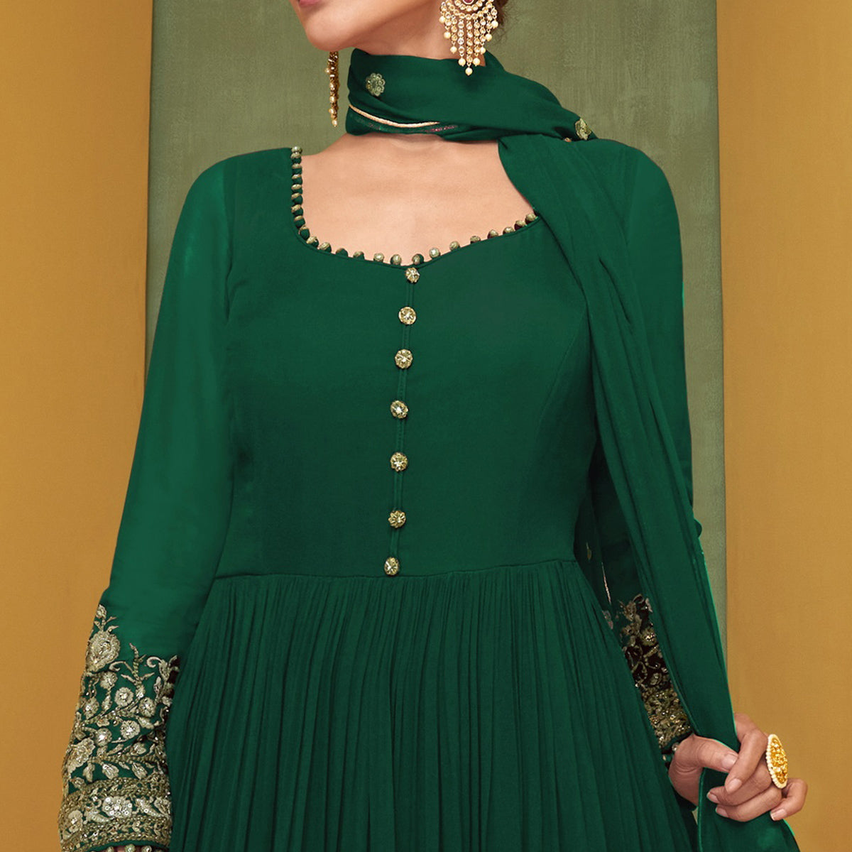 Green Floral Embroidered Georgette Anarkali Suit