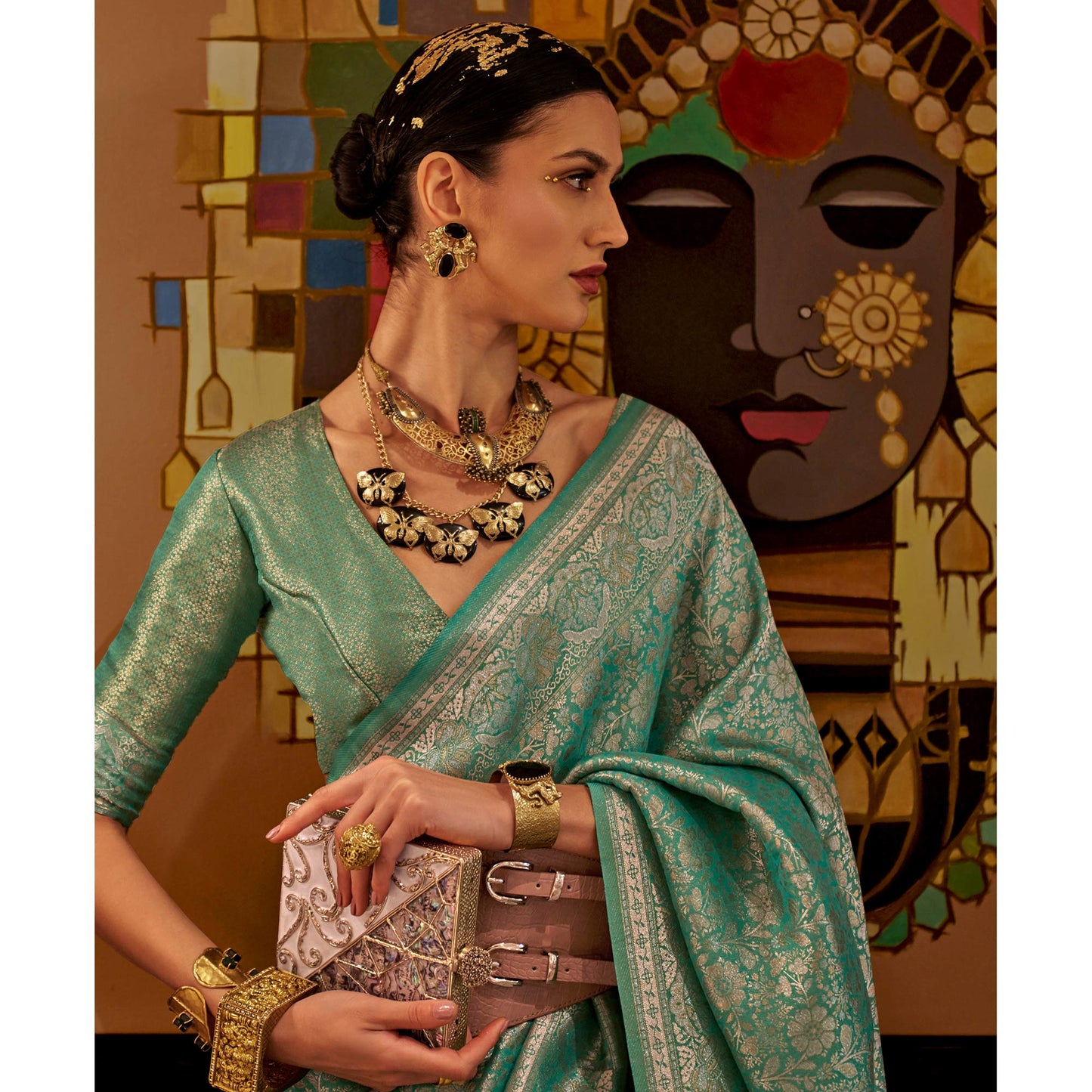 Sea Green Floral Woven Art Silk Saree