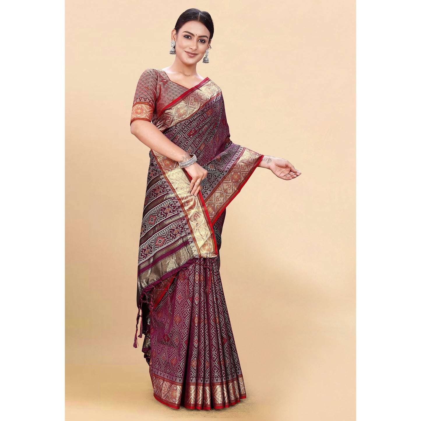 Wine Woven Patola Art Silk Saree With Tassels