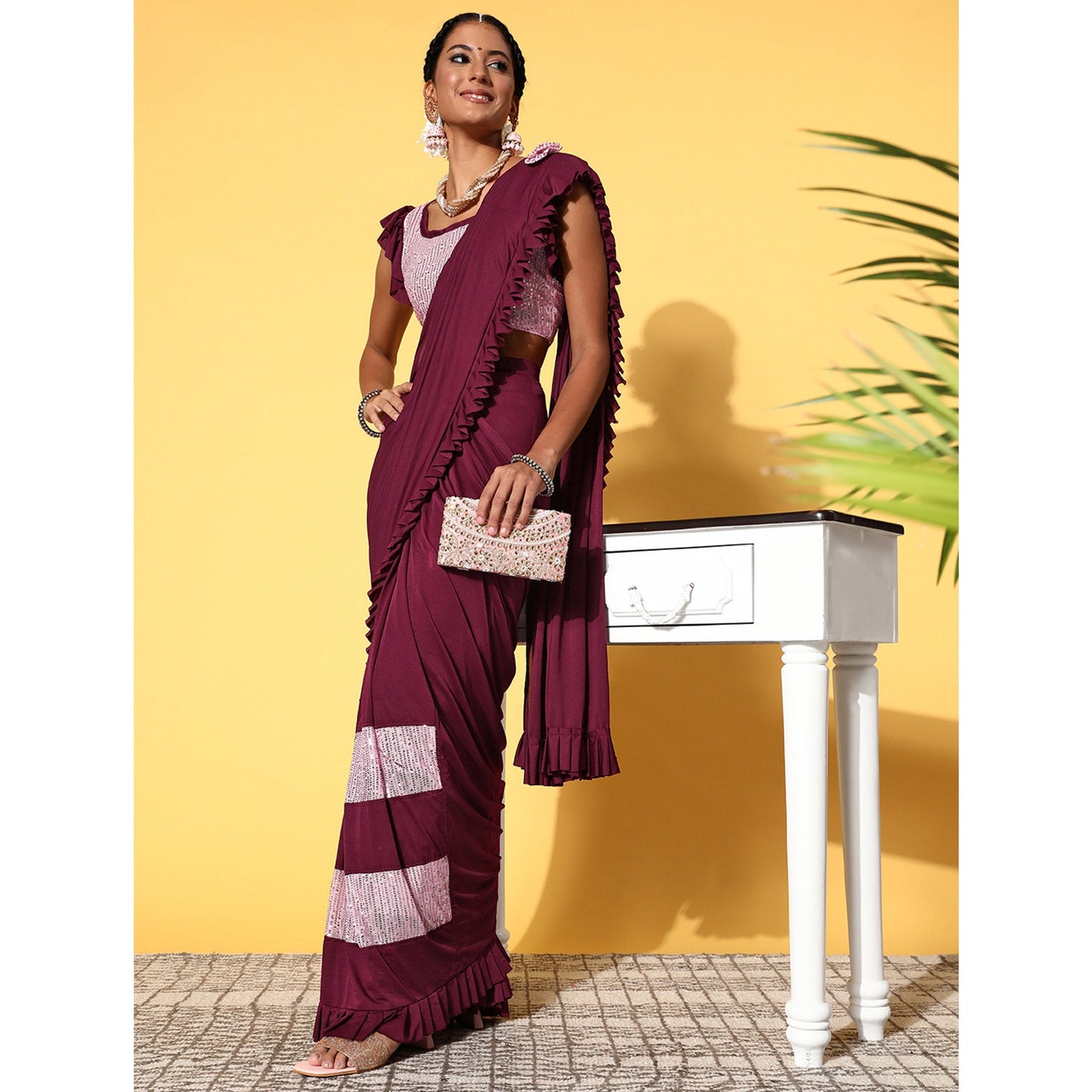 Wine Sequins Embroidered Art Silk Saree