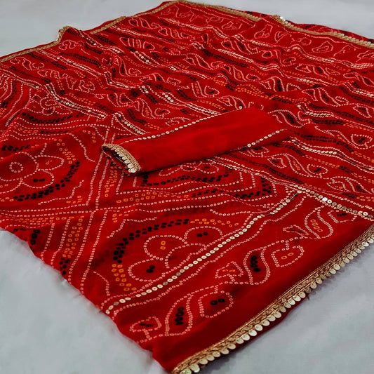 Red Bandhani Printed With Sequins Work Georgette Saree