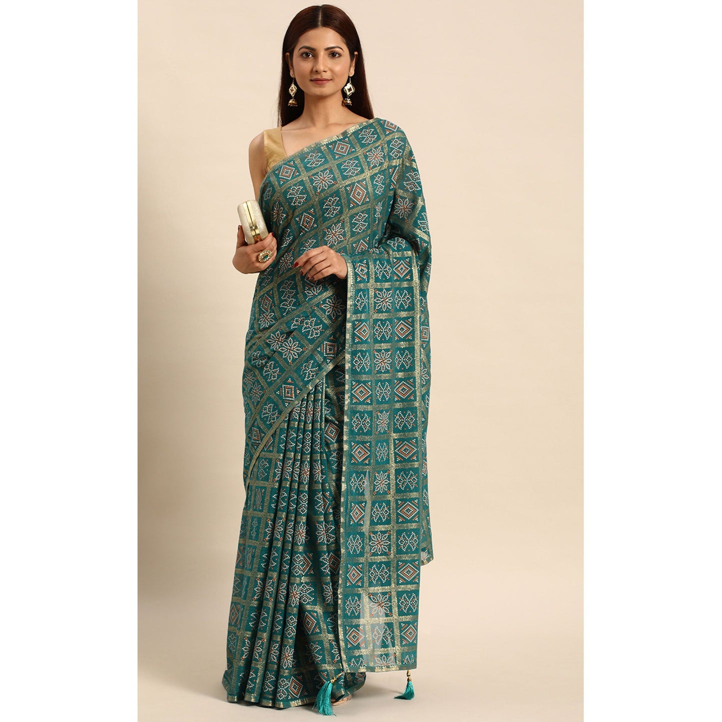 Turquoise Green Bandhani Foil Printed Zomato Saree With Tassels