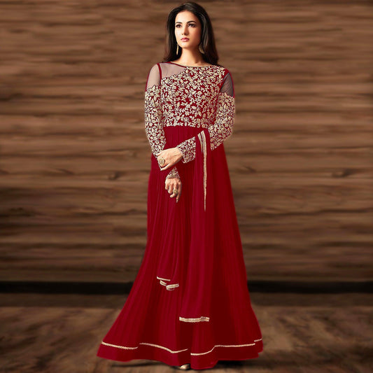 Flattering Red Colored Partywear Embroidered Georgette Anarkali Suit