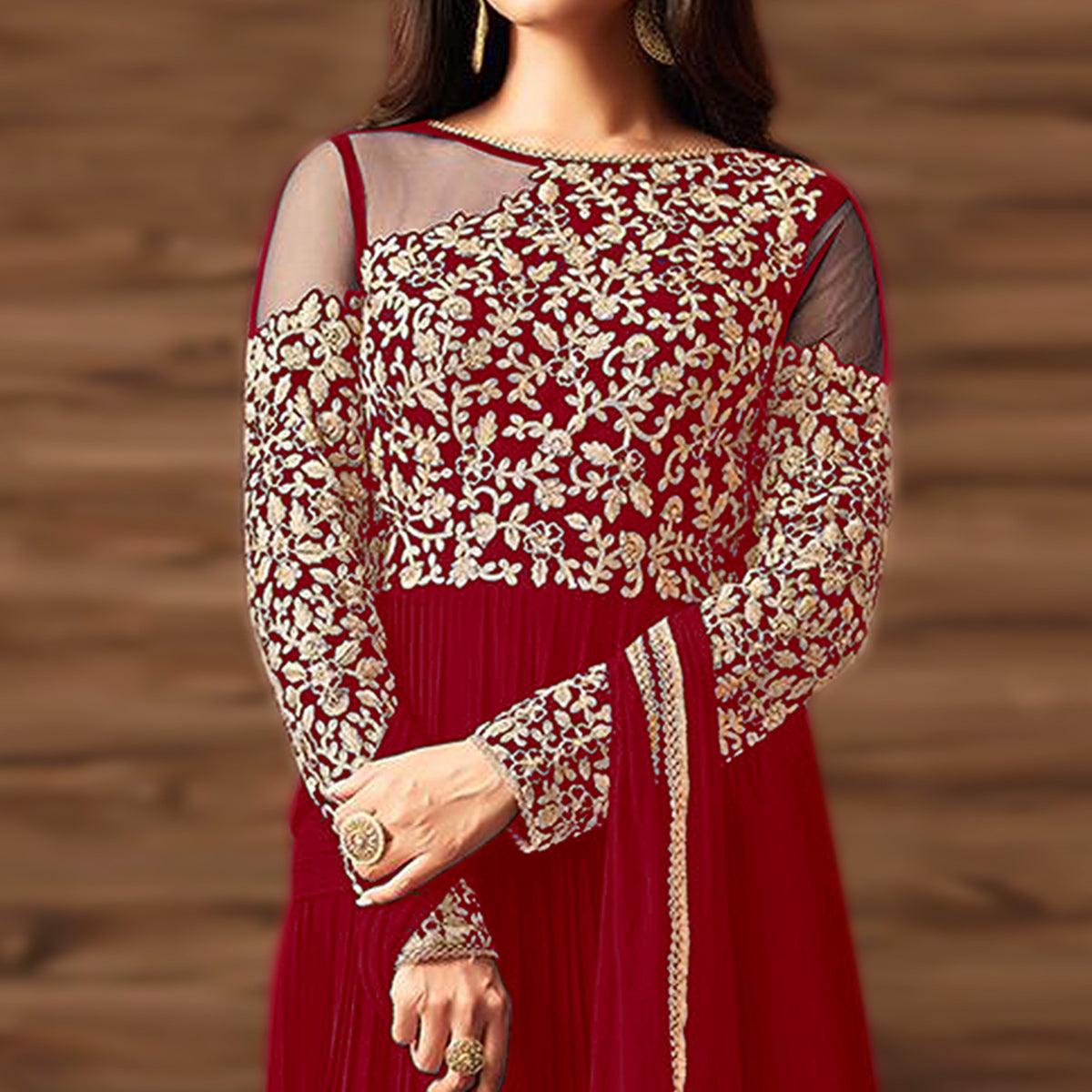 Flattering Red Colored Partywear Embroidered Georgette Anarkali Suit