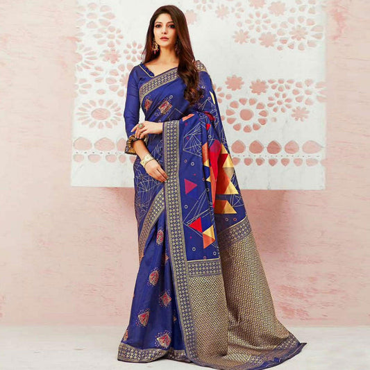 Glowing Blue Colored Festive Wear Woven Banarasi Silk Saree