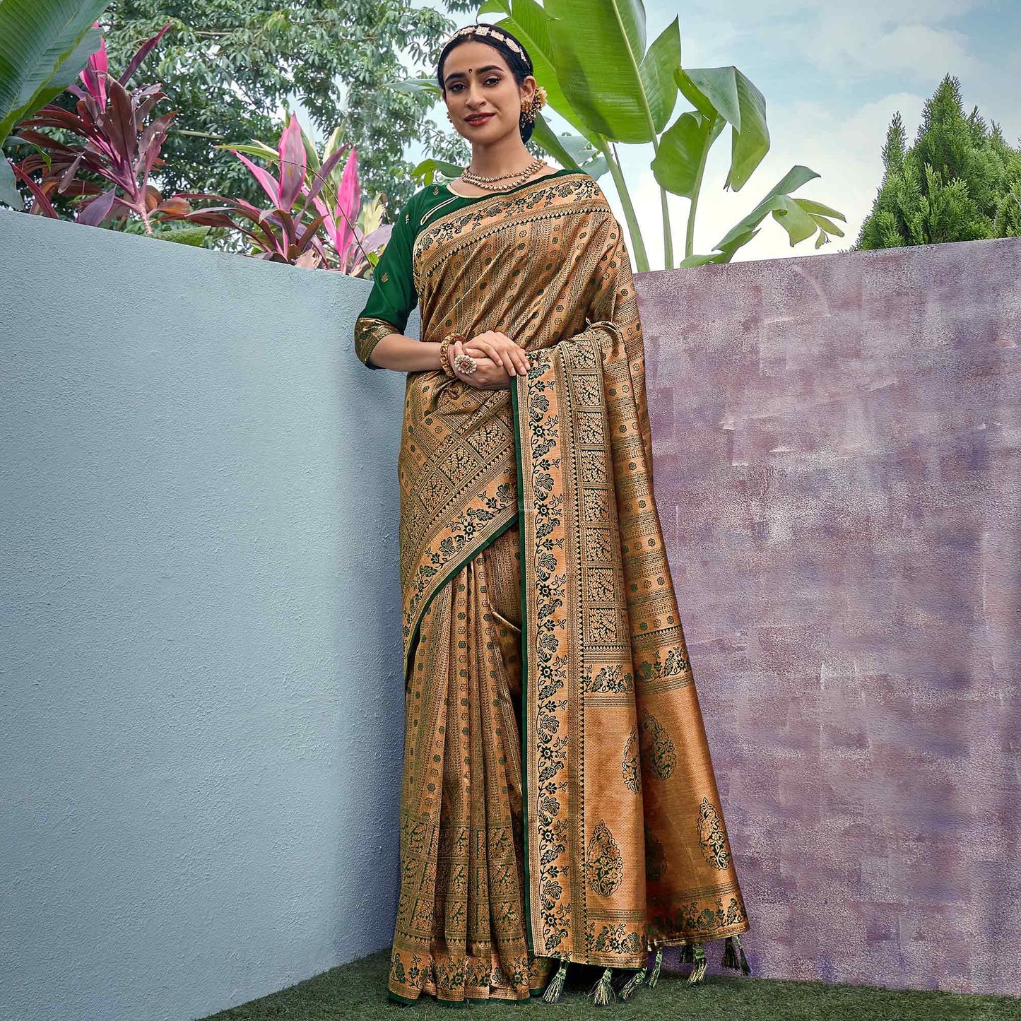 Golden-Green Woven Art Silk Saree With Tassels