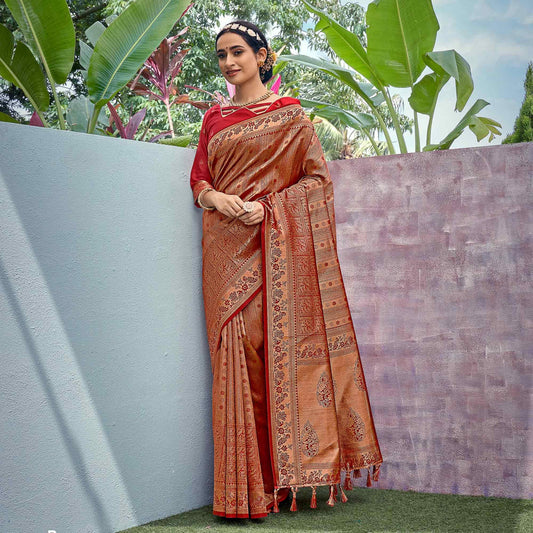 Golden-Red Woven Art Silk Saree With Tassels