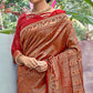 Golden-Red Woven Art Silk Saree With Tassels